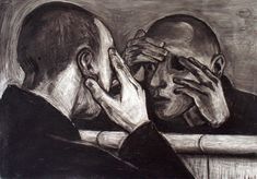 a drawing of two men looking at each other with their hands on their faces and covering their eyes