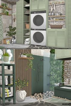 two pictures of different rooms with green shutters