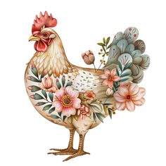 a painting of a chicken with flowers on it