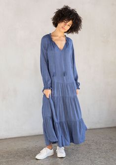 [Color: Indigo Blue] A model wearing an elegant and classic indigo blue bohemian peasant maxi dress in floral jacquard. Featuring a dropped waist Bohemian Maxi Dresses, Earthy Style, Bohemian Maxi, Bohemian Maxi Dress, Ruffled Neckline, Skirt Long, Floral Jacquard, Tier Skirt, Tiered Skirt