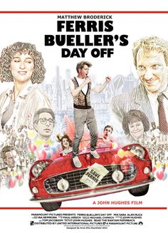 a movie poster for ferris's day off, with the characters in red car