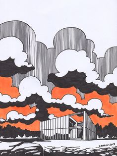 an orange and black drawing of clouds over a building