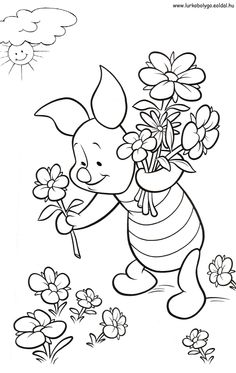 winnie the pooh with flowers in her hand coloring pages for kids to print and color