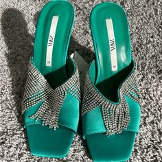 Green Rhinestone Slides Elegant Green Sandals With Rhinestones, Chic Bedazzled Heels For Summer, Spring Green Embellished Heels, Zara Embellished Sandals For Spring, Spring Chic Heels With Bling, Chic Spring Heels With Bling, Chic Bling Heels For Spring, Glamorous Zara Sandals With Rhinestones, Zara Sandals With Rhinestones For Parties