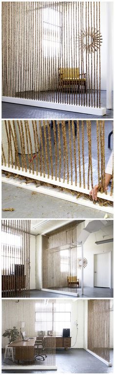 three different views of the inside of a building with wooden slats hanging from it's sides