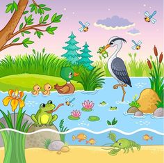 a pond with many animals and birds in it