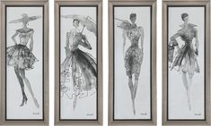 three framed drawings of women in dresses and umbrellas, each with an individual's dress