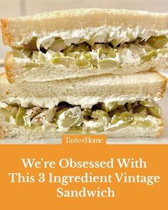 there is a sandwich that has been cut in half with the words, we're obesed with this 3 ingredient vintage sandwich