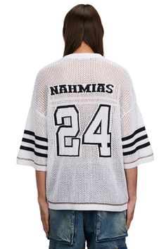 WHITE KNIT FOOTBALL JERSEY 100% COTTON DROPPED SHOULDERS NAHMIAS / 24 MOTIF ON FRONT & BACK DRY CLEAN ONLY. SKU: KW9-T5G37-100 SIZE GUIDE Crochet Football, Football Outfit, Jersey Football, Earthy Outfits, Crochet Inspo, Football Outfits, Upcycled Fashion, Dry Clean Only, Clothing Design