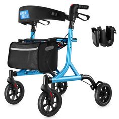 a blue walker with wheels and seat attached to it