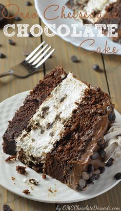 a piece of chocolate cake with white frosting and oreo cookies on top is sitting on a plate