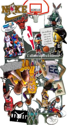 a collage of sports related items including basketballs, jerseys and other things