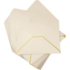 five white envelopes with gold lines on them