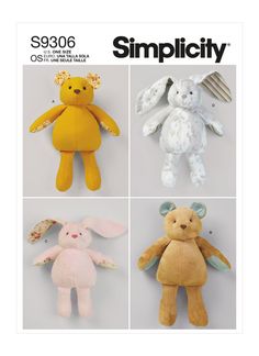 stuffed animals are shown in four different colors and sizes, with the words simplicity printed on them