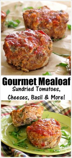 some meat patties are on a green plate and the words gourmet meal