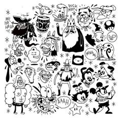 black and white drawing of various cartoon characters