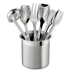 stainless steel utensils in a cup on a white background