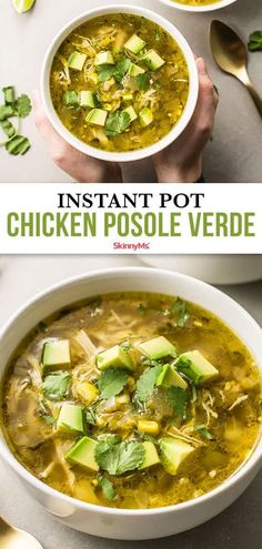 two bowls filled with chicken posole and topped with avocado, cilantro