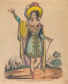 an old fashion drawing of a woman wearing a yellow hat and blue dress, with her arms outstretched