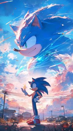 sonic the hedgehog is flying through the air in front of an orange and blue sky