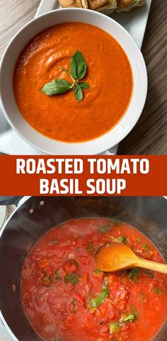 tomato soup in a white bowl with basil leaves on top and toasted bread behind it