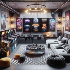 Explore this underground man cave boasting a blend of modern and retro gaming elements. Enjoy a variety of sleek consoles, classic arcade games, and comfortable gaming decor in neon and grayscale. Make the most of your gaming experience in this inviting space. #GamingRoom #ManCave #RetroGames #ModernConsoles #GamingDecor #GameEnthusiast. In Home Arcade Game Rooms, Gaming Room Man Cave, Maximalist Game Room, Arcade Room Ideas, Dino Playroom, Arcade Room In House, Arcade Basement, Gaming Playroom