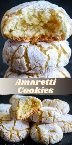 several different types of cookies stacked on top of each other with the words amarreti cookies above them