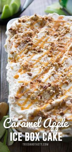 caramel apple ice box cake on a wooden table