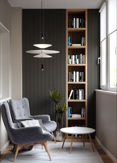 a living room filled with furniture and bookshelves