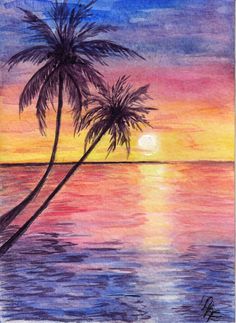 a painting of two palm trees in the sunset