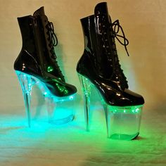 8" (200mm) Heel, 4" (100mm) Platform Usb Chargeable Led Light-Up Front Lace-Up Ankle Boot W/ Multiple Static/ Changing Color Options & Light Settings New In Box Pleaser Pleaser Heels, Open Toe Boots, Pleaser Shoes, Light Up Shoes, Platform High Heel Shoes, Black Platform Heels, Womens Stilettos, Stiletto Boots, Spike Heels