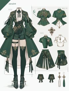 an anime character is dressed up in green and white clothing with elaborate details on her body