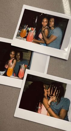 three polaroid photos of people at a bar with drinks and orange juice in front of them