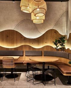 mixing of materials - lighting behind, wood, metal, textured wall Bar Deco, Modern Restaurant Design, Restaurant Seating, Bar Interior Design, Coffee Shops Interior, Modern Restaurant, Coffee Shop Design, Bar Interior, Tables And Chairs