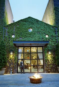 a man standing in front of a building covered in green plants and lit candles at the entrance