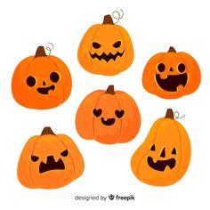 six pumpkins with faces drawn in the shape of jack - o'- lanterns