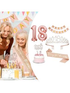 two women standing next to each other in front of a table with cake and decorations