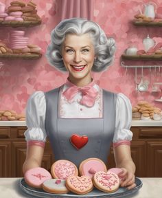 a painting of an older woman holding some donuts