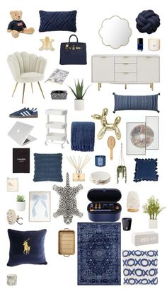 a collage of blue and white items including pillows, blankets, rugs, chairs