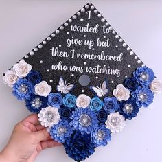 "Congratulations on your Graduation!! CHECK PROCESSING TIMES IF YOU NEED IT BEFORE DATE SHOWN MAKE SURE TO MESSAGE ME TO CONFIRM I AM ABLE TO ACCOMMODATE YOUR ORDER  Custom Graduation Cap Topper Beautiful Decorated accessory piece that will make your day more special!!  Handcrafted with attention to detail using glitter cardstock, vinyl, handmade flowers. The size of the topper is approximately 10x10\" which will fit standard sizes graduation caps. Please leave a note should you need a different Butterfly And Flower Graduation Cap, Graduation Cap Designs Blue, Floral Grad Cap, Blue Graduation Cap, Graduation Hats Decorated, Grad Cap Design, Graduation Hat Designs, Flower Graduation Cap, Congratulations On Your Graduation