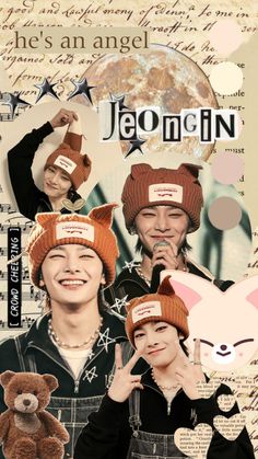 a collage of people with hats and teddy bears in front of the caption jeongcin