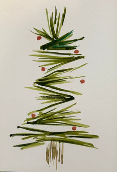 a drawing of a christmas tree made out of green leaves and branches with red berries