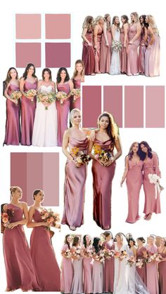 a group of women in long dresses standing next to each other with different color swatches