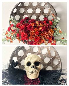 two pictures with flowers and a skull in the middle