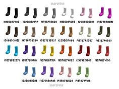 several pairs of socks are shown in different colors and sizes, with the names below them