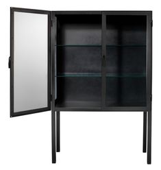 a black cabinet with glass doors and mirror on the front, against a white background