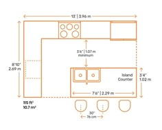 a kitchen with an island counter, sink and cabinets in the measurements for each area