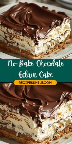 no - bake chocolate eclain cake on a plate with text overlay