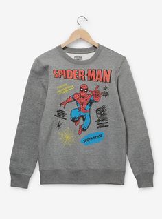 Keep warm in superhero fashion with this Spider-Man-inspired crewneck! Featuring a portrait of Spider-Man surrounded by doodles and "Friendly Neighborhood" and "Spider-Sense" lettering beneath lettering of the hero's name  this sweatshirt is perfect for saving the day in style.A BoxLunch Exclusive!60% cotton; 40% polyesterListed in unisex sizesWash cold with like colors; dry lowDo not iron over printImported Spider Man Sweatshirt, Spider Man Doodle, Spider Sense, Symbiote Spiderman, Doodle Icons, Superhero Fashion, Marvel Sweatshirt, Star Wars Sweatshirt, Doodle Icon