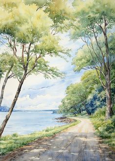 a watercolor painting of a dirt road by the ocean with trees on either side